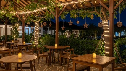Romantic evening at an illuminated outdoor restaurant, offering a cozy and charming dining experience under festive string lights