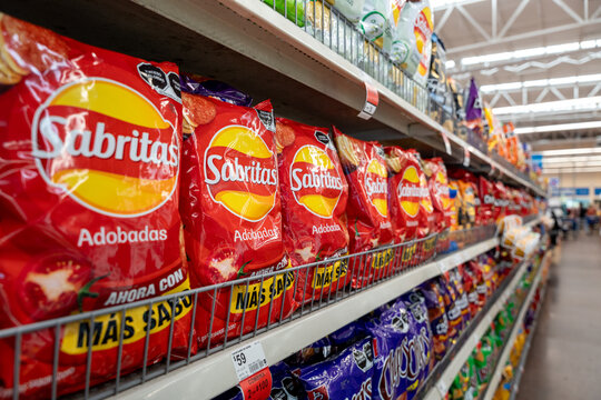 Sabritas Adobadas flavored chips bags on a Walmart shelf. PepsiCo brand, originated in Mexico (founded in 1943). Jalisco, Mexico, December 4, 2025. Lays