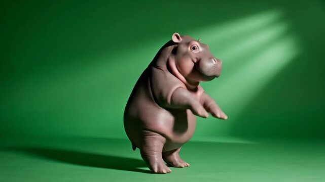 A playful cartoon hippo standing on its hind legs against a vibrant green backdrop with spotlight effects