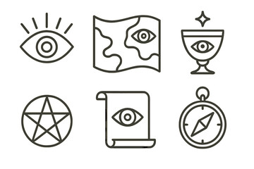 Mystic Eyes and Symbols. Line style icons of ocular divination travel: sacred eye, mystic map, insight vessel, future star, augury