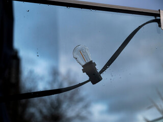Edison-style vintage light bulb with rain droplets on glass against soft blue rainy background.