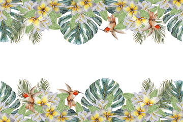 Watercolor frame with tropical plumeria flowers, monstera and palm leaves, and hummingbirds. Perfect for packaging, spa products, weddings, and summer invitations.