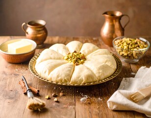 Fototapeta premium Baklava Preparation Filo Pastry Sheets Melted Butter Pistachios Honey Syrup Rose Water