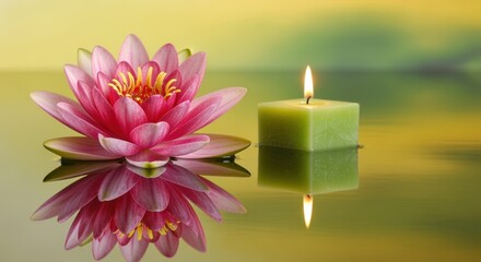 A vibrant pink water lily floats serenely on a pond, its petals reflected in the still water. A green candle stands beside the flower, its flame burning against the tranquil backdrop.