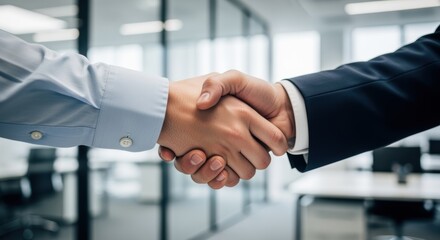 Two business partners shaking hands in a modern office setting, finalizing an agreement or sealing a deal. The handshake represents cooperation, collaboration, and success in the corporate world.