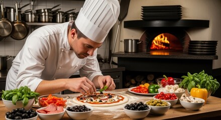 A chef prepares a pizza in a professional kitchen, arranging fresh toppings on the dough. The table is surrounded by various ingredients like vegetables, herbs, and olives.