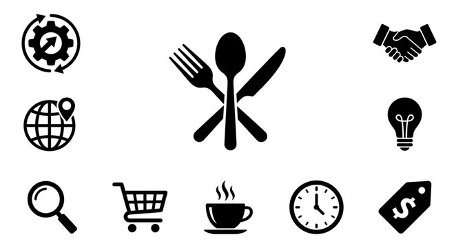Black vectorized restaurant icon set with gear, globe, utensils and lightbulb isolated on white