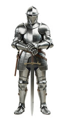 Detailed Realistic Medieval Knight in Full Shining Plate Armor Suit with Sword and Helmet, Front Standing Pose, Isolated on Transparent and White Background