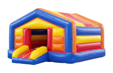 Vibrant Rainbow Striped Inflatable Bounce House Castle with Entrance Slide for Kids Party Fun, Isolated on Transparent and White Background