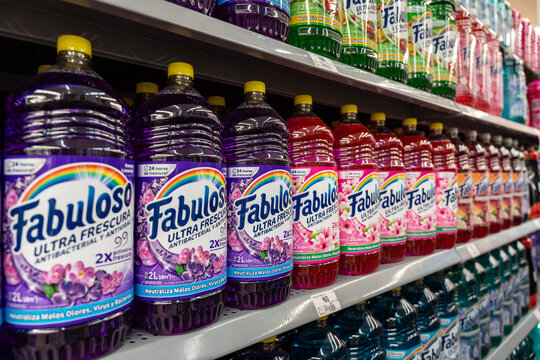 Fabuloso Multi Purpose Cleaner bottles on a Walmart shelf. Colgate Palmolive brand, originated in Mexico (launched in Latin America in 1980). Jalisco, Mexico, December 4, 2025.