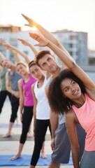 Fototapeta premium Rooftop yoga session with diverse people stretching at sunrise enjoying cityscape