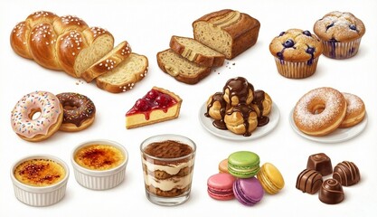 Realistic Assorted Desserts and Pastries Clipart Set with Croissants, Baklava, Eclairs, Cupcakes and Fruit Parfait