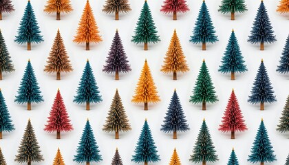 Obraz premium Colorful metallic christmas trees in jewel tones with golden stars on white background, vibrant seamless holiday pattern.
