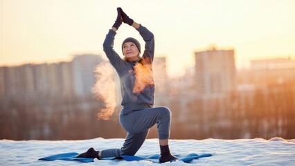 Winter rooftop yoga session in urban setting, sunrise yoga practice, silhouette against cityscape, meditative morning routine, serene atmosphere, embracing cold weather, balance mindfulness