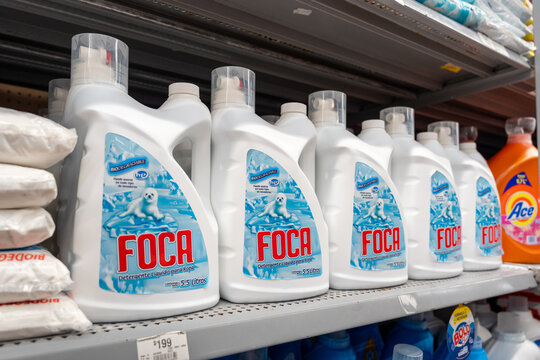 Foca Liquid Detergent bottles on a Walmart shelf, laundry area. Grupo Alen brand, originated in Monterrey, Nuevo Le&oacute;n, Mexico. Jalisco, Mexico, December 4, 2025.