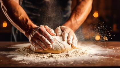 hands kneading dough with flour flying in the air creating a dynamic scene of baking preparation showcasing the art of bread making healthy eating concept