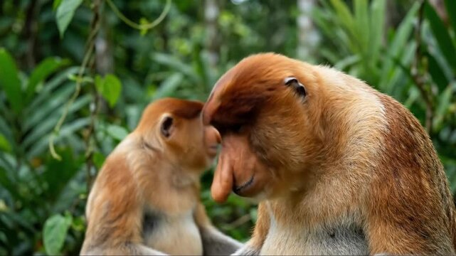 Intimate Close-up of Two Proboscis Monkeys, Adult and Juvenile, in Lush Green Tropical Rainforest Habitat