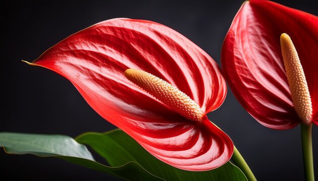 vivid red anthurium flowers bloom elegantly against a dark background creating a visually striking composition