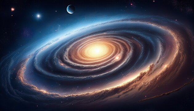 spiral galaxy glowing in deep space with swirling arms bright core distant stars and nearby planet evoking sense of cosmic wonder and mystery