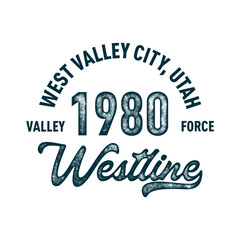 T-shirt stamp graphic, Westline wear typography emblem West Valley City, Utah vintage tee print, athletic apparel design shirt graphic print