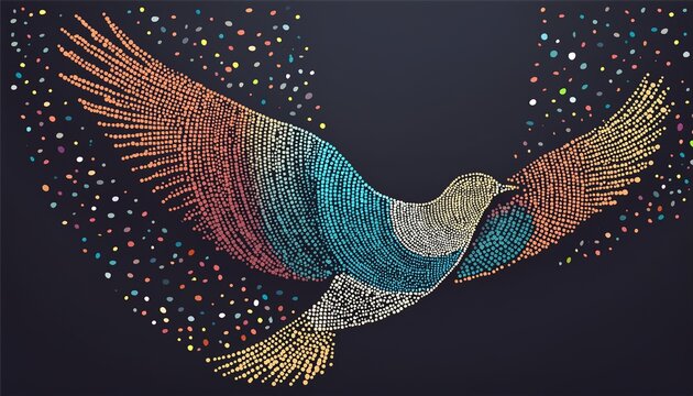 unique single continuous line bird soaring gracefully through a colorful trail of dots