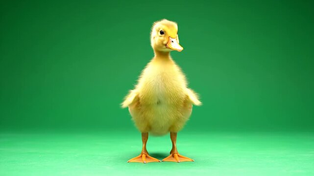 Adorable fluffy yellow duckling standing on a green background, a charming waterfowl chick