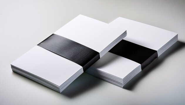 two flyer mockup stacks side by side on white surface minimal design blank paper with black tape detail modern high fidelity clean for advertising or branding presentation