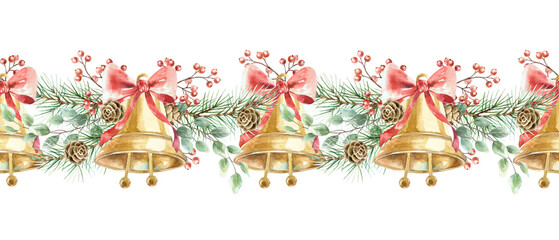Christmas seamless border with golden bells, red bows, fir branches and red berries. Hand drawn isolated watercolor illustration. For vintage New Years cards, invitations and banners.