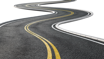 Winding Asphalt Road with Double Yellow Center Lines and White Edge Barriers in Curved S-Shape Perspective View, Isolated on Transparent and White Background