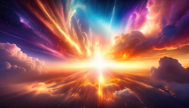 radiant light burst with colorful clouds golden rays and vibrant rainbow hues creating mystical ethereal and uplifting atmosphere in cosmic abstract scene