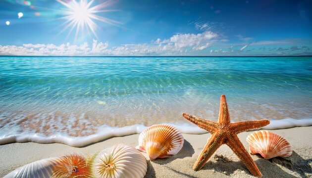 starfish and seashells on a sunlit tropical shore with sparkling turquoise water creating a serene coastal scene