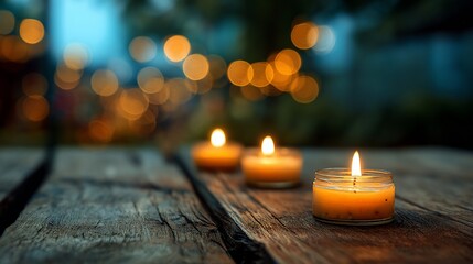 Three candles glow on rustic wood, bokeh lights softly twinkle behind them