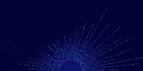 Binary code streams radiate from center as dotted lines. Digital data flow graphic for tech, AI or network concepts. Abstract visualization of information transfer or system expansion