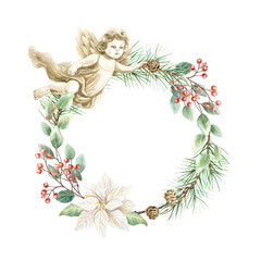 Christmas wreath with a flying angel, fir branches, eucalyptus sprigs and a poinsettia flower. Hand drawn watercolor illustration isolated. For vintage New Years cards, invitations and labels.