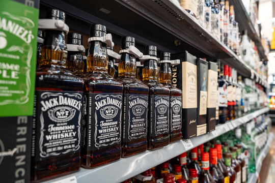 Jack Daniel's Old No. 7 (Black Label) bottles on a Walmart liquor store shelf. Brown Forman brand, originated in Lynchburg, Tennessee, USA. Jalisco, Mexico, December 4, 2025.