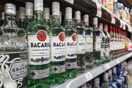 Bacardi Carta Blanca rum bottles on a Walmart shelf. Bacardi Limited brand, originated in Santiago de Cuba, Cuba (founded 1862). Jalisco, Mexico, December 4, 2025.