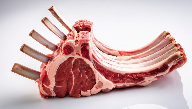 raw rack of lamb with visible ribs sits on a white background ready for cooking a delicious gourmet meal