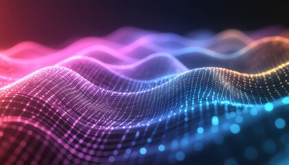 Abstract Digital Waveform with Vibrant Colors and Glowing Particles.