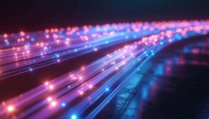 Abstract Fiber Optic Cables Glowing with Blue and Pink Light.