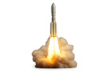 Space rocket launching into orbit, releasing powerful fire and smoke, depicting exploration and innovation on transparent background