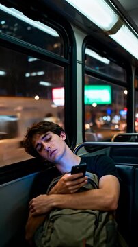 Tired Passenger Slouching and Checking Smartphone on Night Bus Ride. Urban Commute, Digital Dependency and Late-Night Travel.