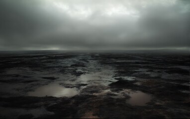 Obraz premium Dramatic moody landscape with dark cloudy sky over water surface