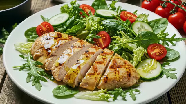 Grilled chicken breast sits atop a bed of mixed greens, surrounded by fresh cucumber slices, tomatoes, and lettuce, capturing the casual concept of healthful living, leisurely meals.