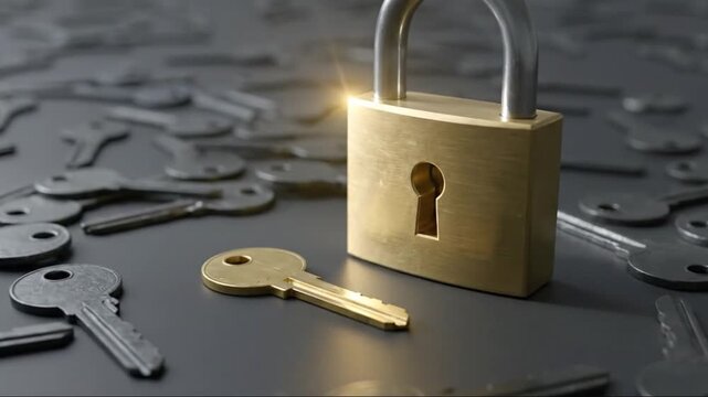 Illuminated Golden Padlock & Matching Key with Numerous Scattered Keys, Symbolizing Security, Solution, and Access