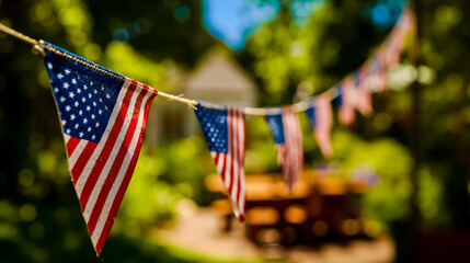 A string of American flags hanging in the sunlight