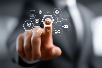 Futuristic Touchscreen Interface with Digital Business Icons and Innovation Technology Concept