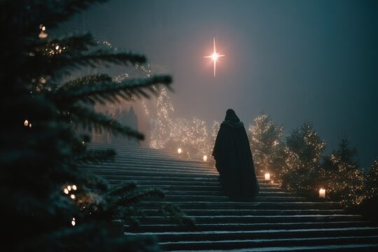 Mysterious person in cloak climbing candlelit stairs toward glowing star, cinematic Christmas fantasy ideal for storytelling visuals, film posters, or book art