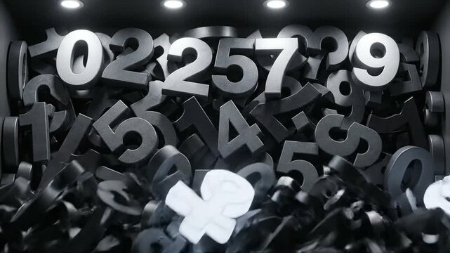 Heap of Grayscale 3D Numbers with a Prominent White 'X' Symbol, Abstract Concept of Data, Error, or Anomaly