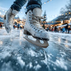 People ice skating on outdoor rink in winter