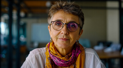 A woman with short hair and glasses wearing a pink and yellow scarf smiling at the camera